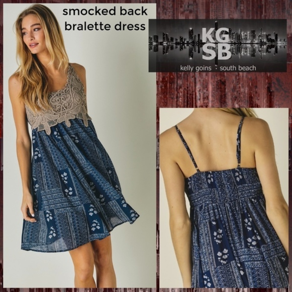 DAVI & DANI Sexy Smocked Back Bralette Dress Crochet Bodice & Handkerchief Skirt